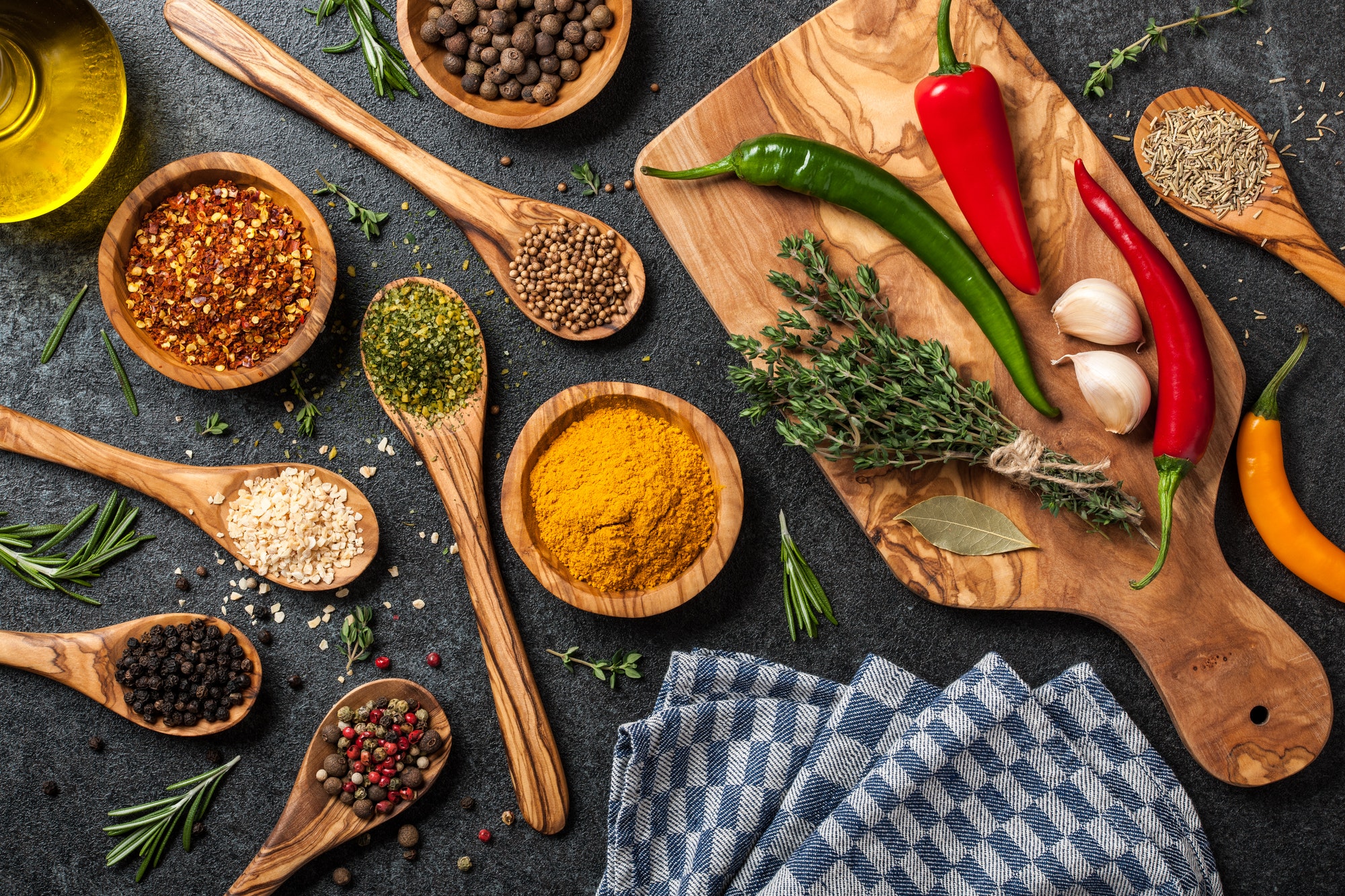 Cooking table with spices and herbs