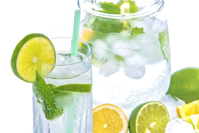 A glass of water with ice and lime slices

Description automatically generated